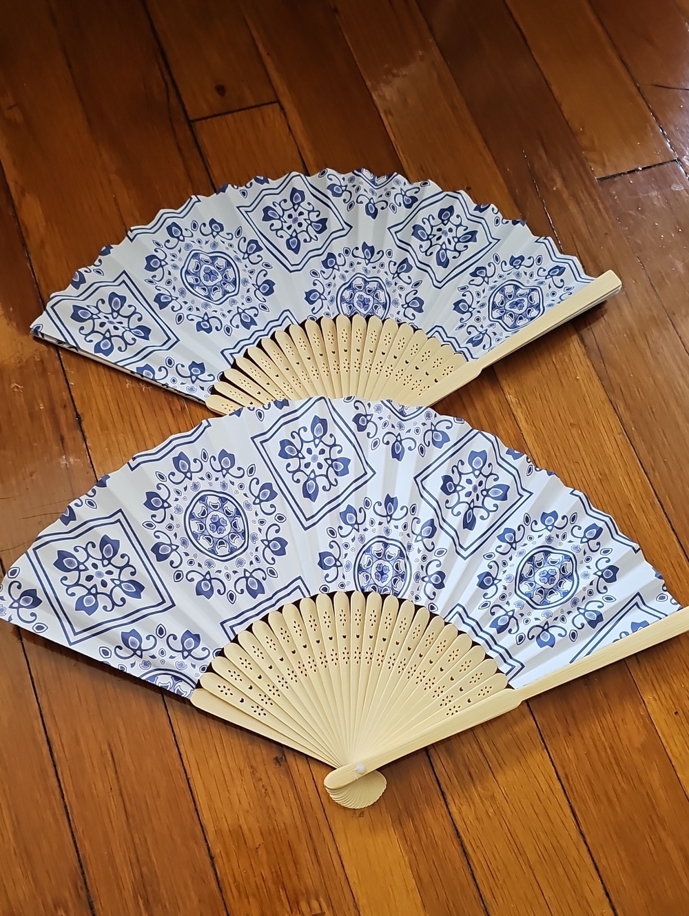 Blue & White Decorative Folding Fans - Set of 2
